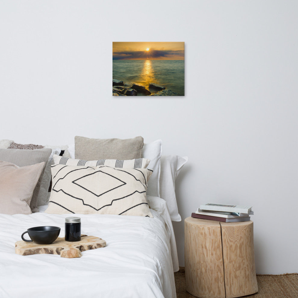 Sunset On Ocean, Sea, Beach Nature Landscape Photo Canvas Print, 18" X 24"