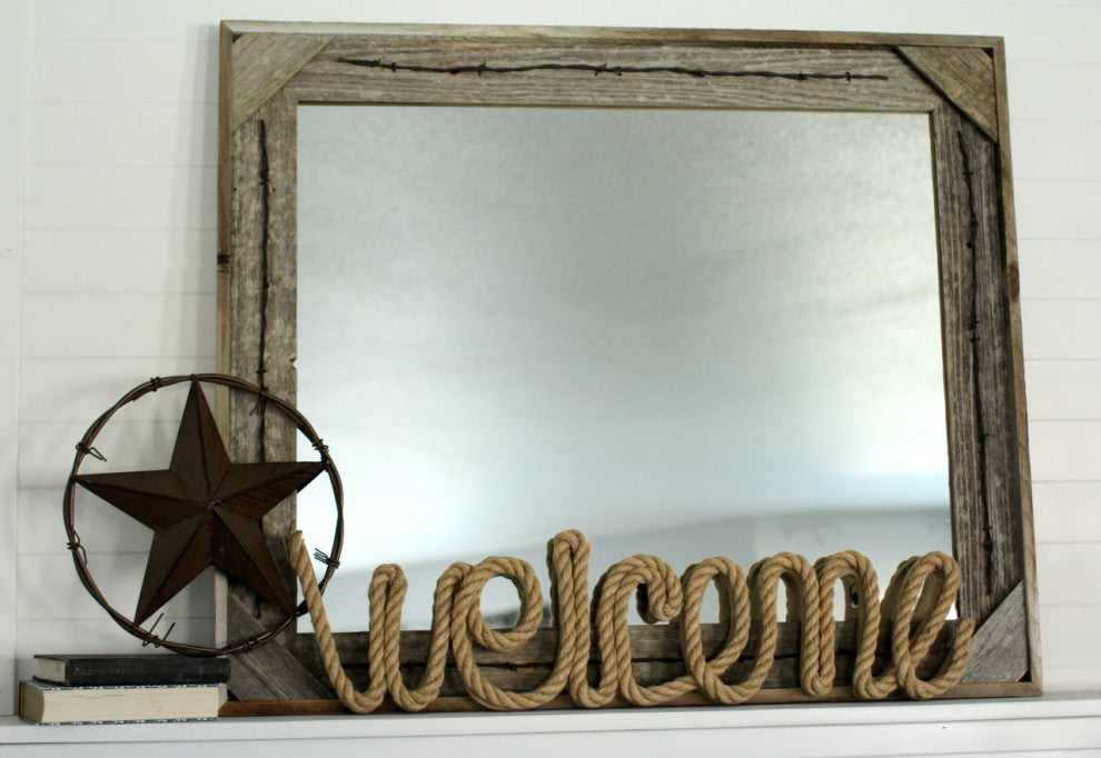 Rustic Mirror, Cornerblock Barnwood With Barbed Wire, 18"x22"