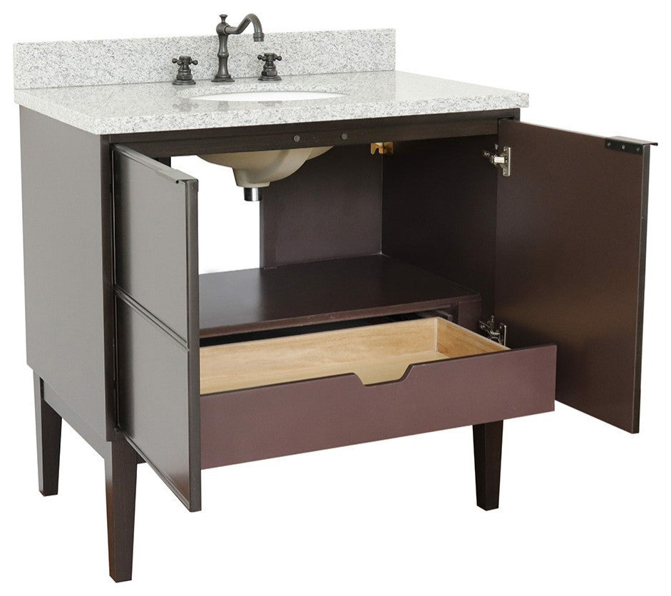 37" Single Vanity, Cappuccino Finish With Gray Granite Top And Oval Sink