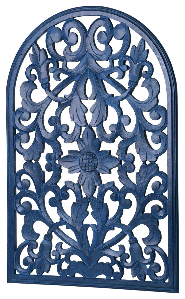 Hand-Carved Arched Navy Blue Wood Wall Accent Medallion - 24" x 36"
