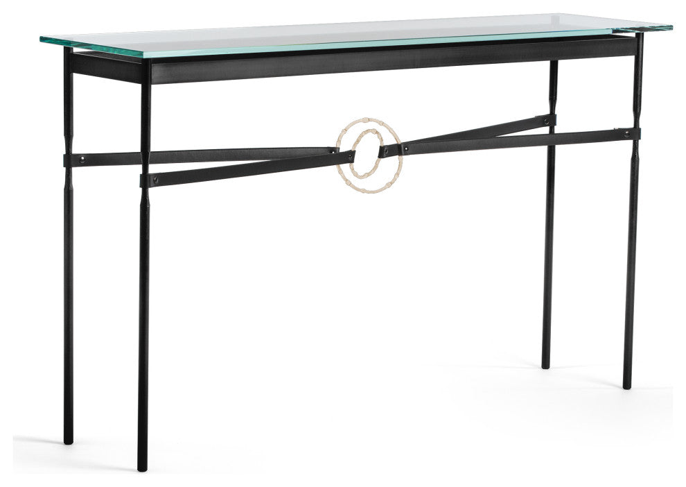 Equus Console Table, Black Finish - Soft Gold Accents - Black Leather Strap