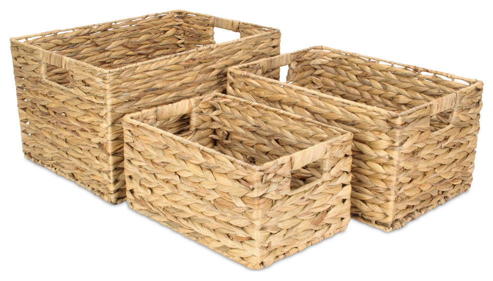 3-Piece Rectangular Water Hyacinth Basket With Round Edge
