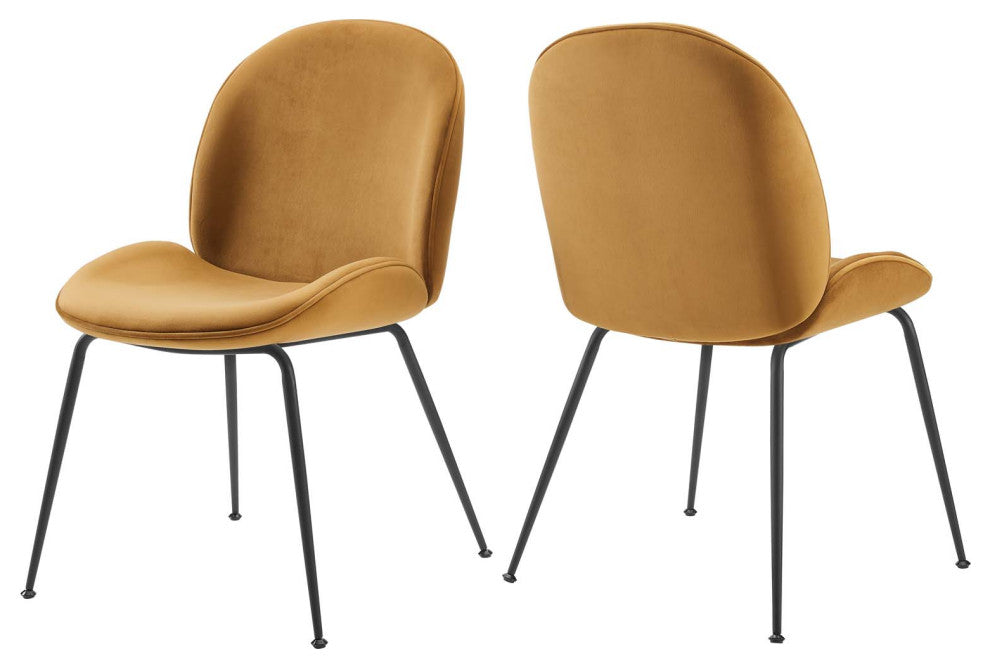 Scoop Black Powder Coated Steel Leg Velvet Dining Chairs Set of 2, Cognac