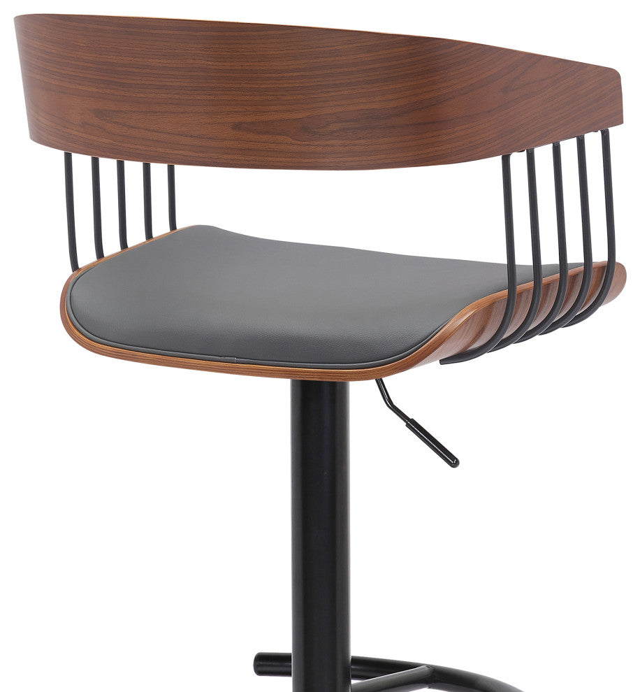 Larisa Adjustable Walnut Wood Bar Stool, Gray Faux Leather With Black Metal