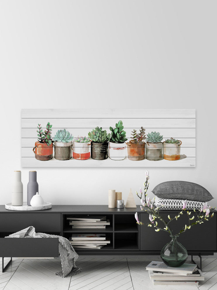 "Cactus in Cans" Painting Print on White Wood, 45"x15"