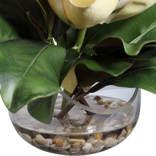 Large Southern White Magnolia Blossom Faux Floral Glass Vase