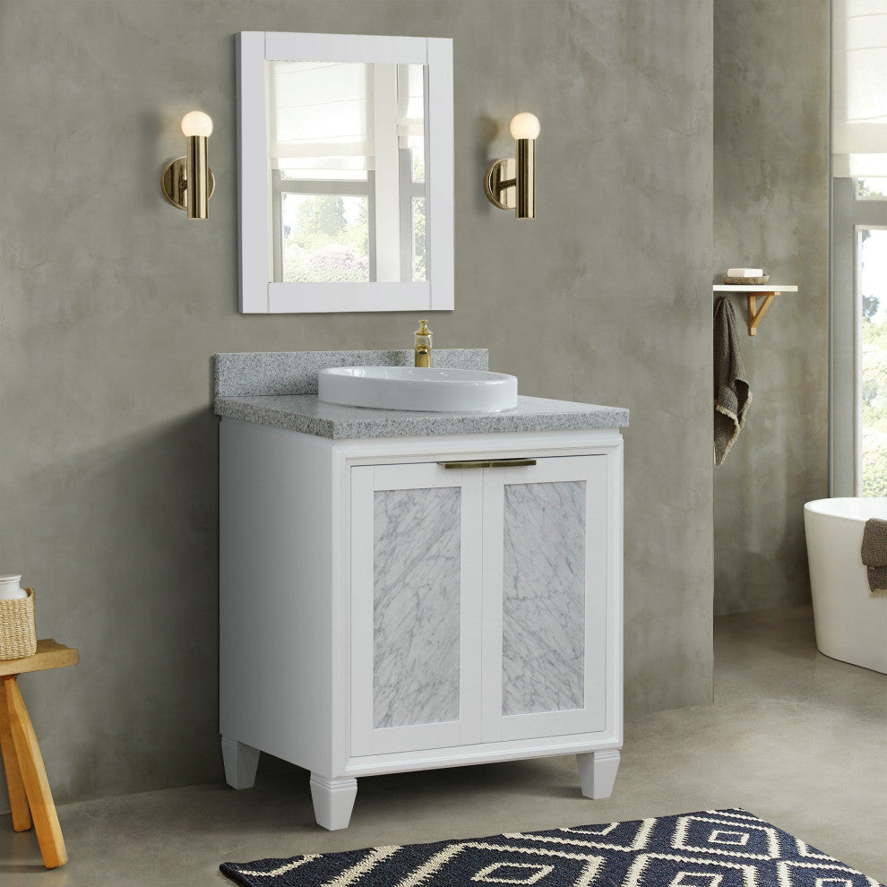 31" Single Sink Vanity, White Finish With Gray Granite With Round Sink