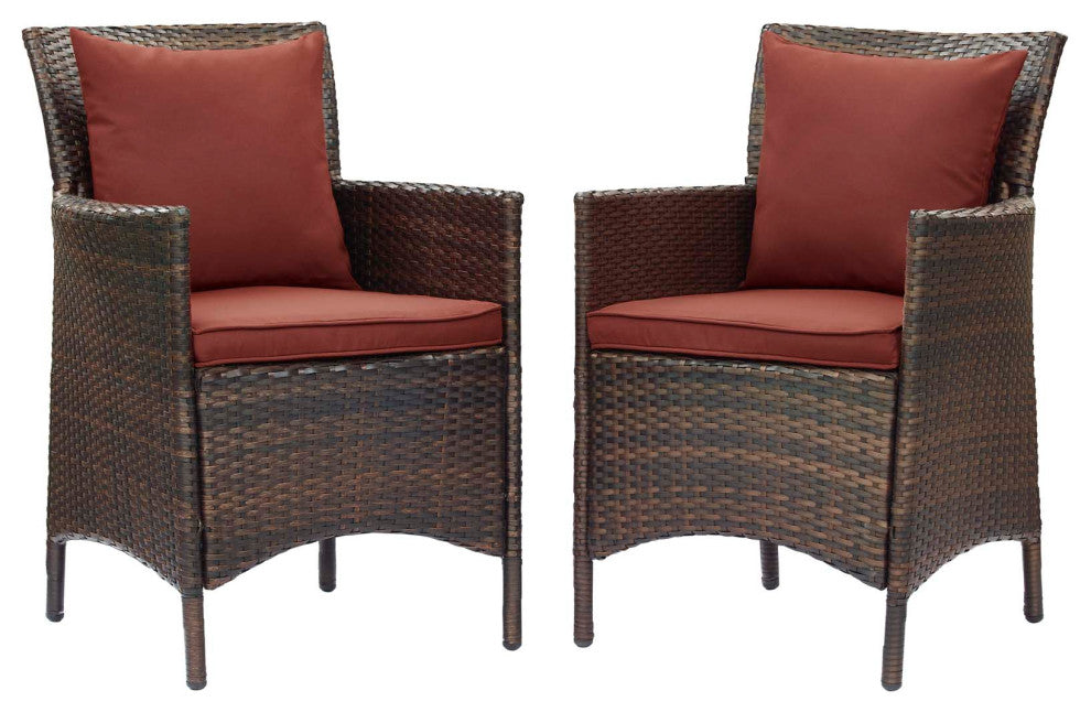 Side Dining Chair Armchair, Set of 2, Rattan, Wicker, Brown Dark Red, Outdoor