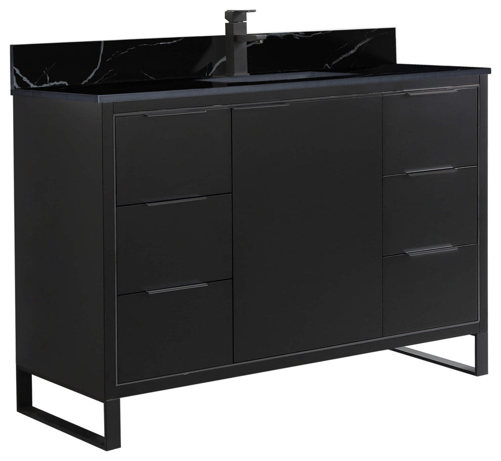 Opulence Bath Vanity, Black Matte, 48", Black Hardware, Black Marble Top
