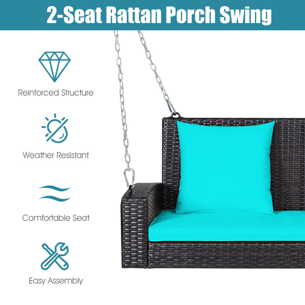 Costway 2-Person Patio Rattan Hanging Porch Swing Bench Chair Cushion Turquoise