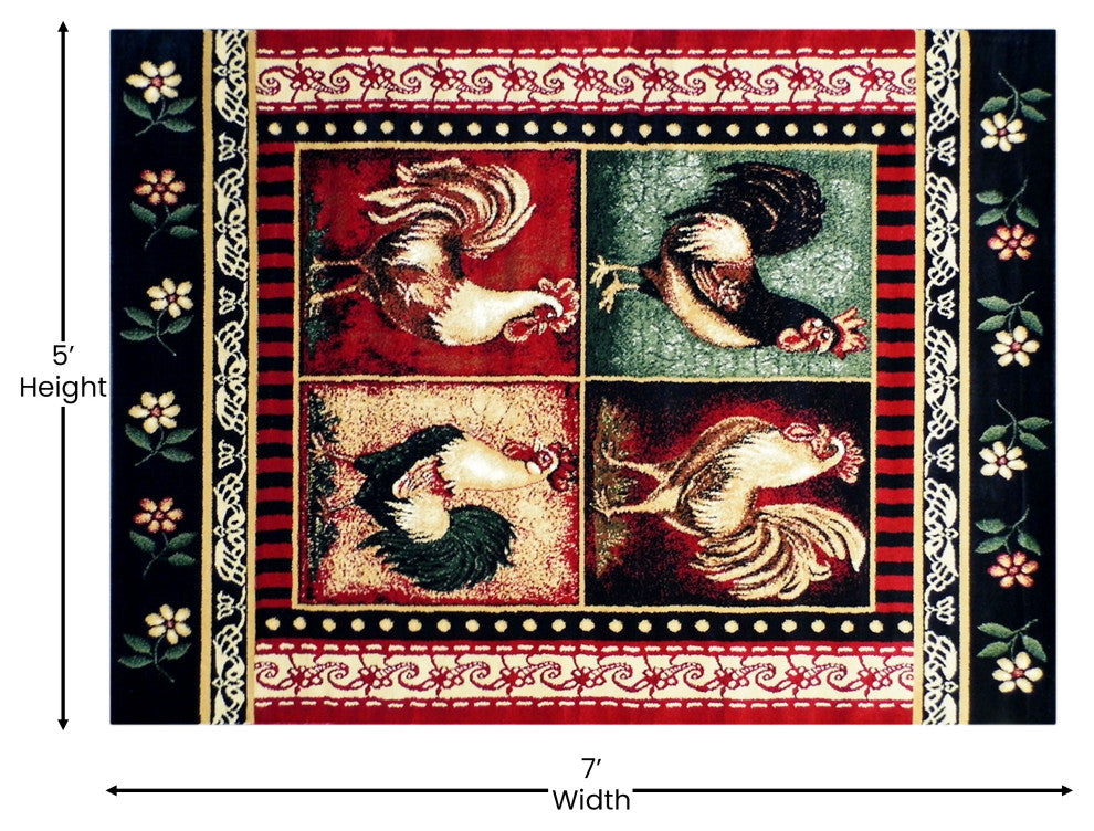 Angie Collection Rectangle 5' x 7' Red Rooster Themed Area Rug