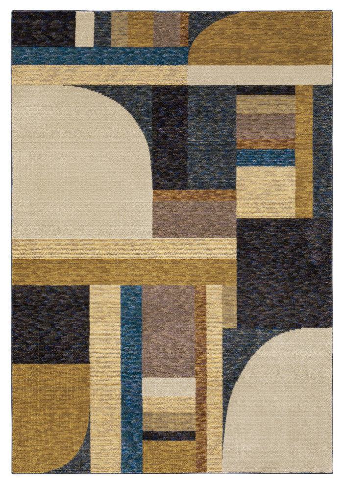 Sadie Deco Inspiration Geometric Gold/Blue Area Rug, Gold/Blue, 3'3"x5'2"