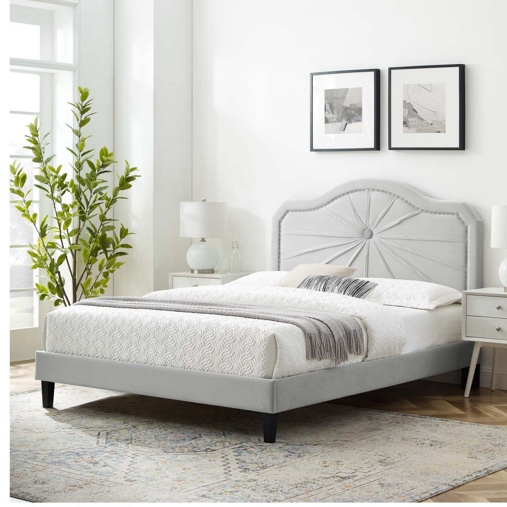 Platform Bed Frame, King Size, Velvet, Light Gray, Modern Contemporary