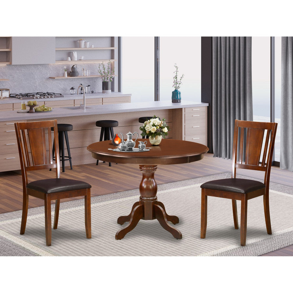 3 Pc Kitchen Set, Mahogany Dining Table, 2 Faux Leather Chairs