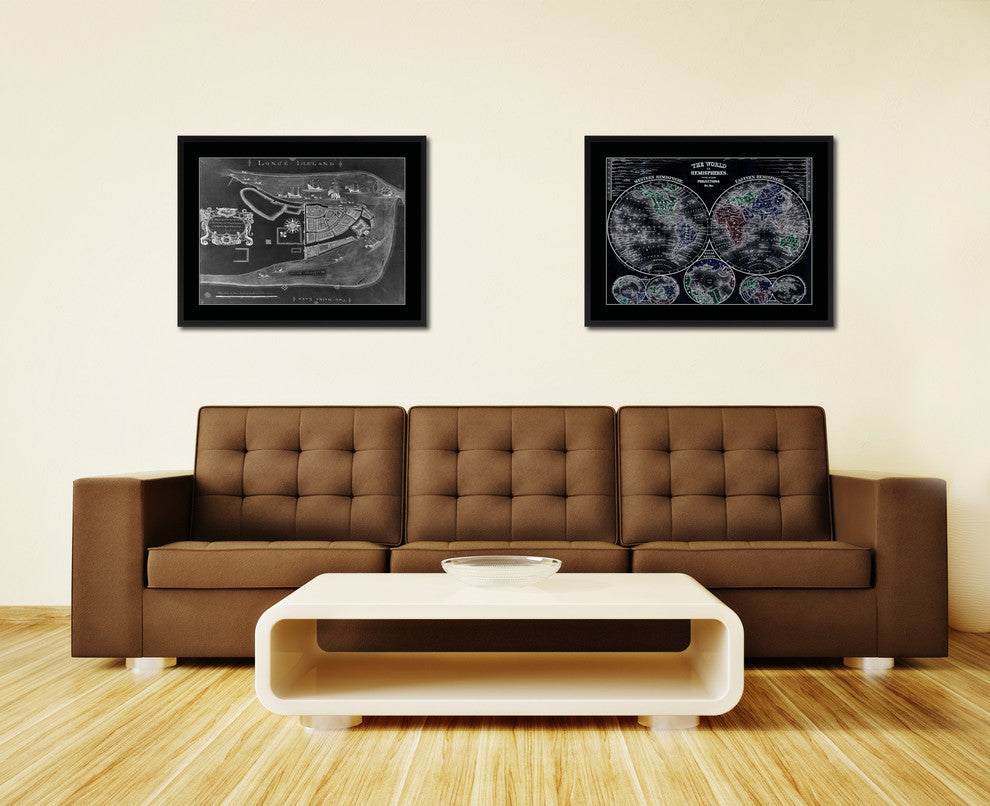 New York Monochrome Map Print On Canvas With Black Custom Frame, 16" X 21"