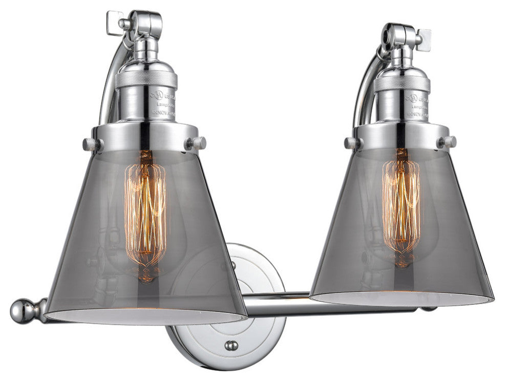 2-Light Small Cone 18" Bath Fixture, Polished Chrome, Glass: Smoked
