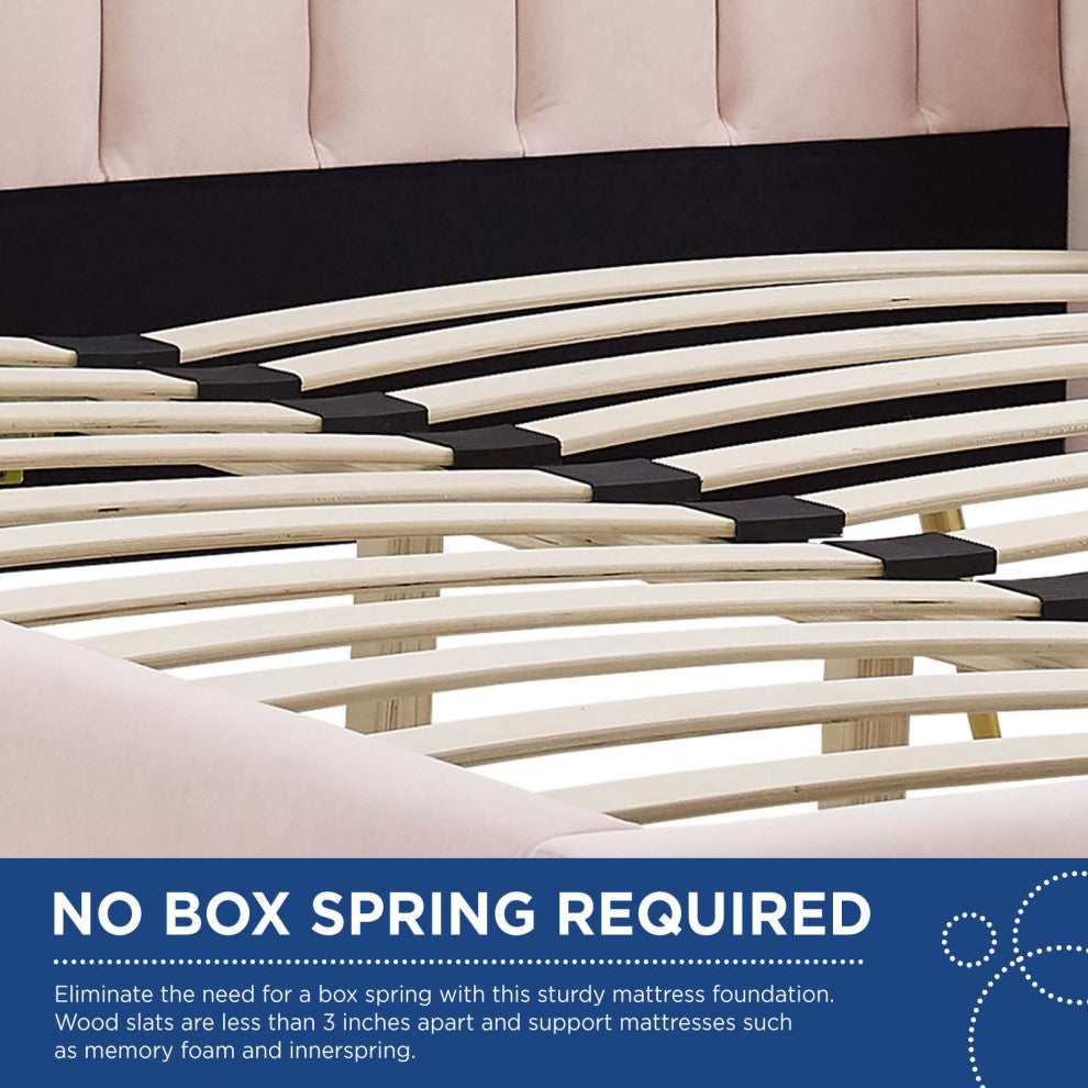 Platform Bed Frame, Queen Size, Velvet, Pink, Modern Contemporary, Bedroom