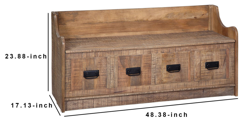 Benzara BM238376 48 Inches Lift Top Storage Bench With Fake Drawer Design, Brown