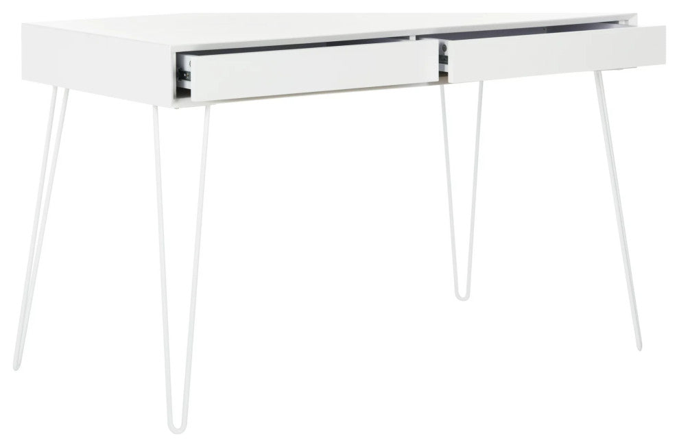 Contemporary Desk, Hairpin Chrome Legs With White Lacquered Top & 2 Drawers
