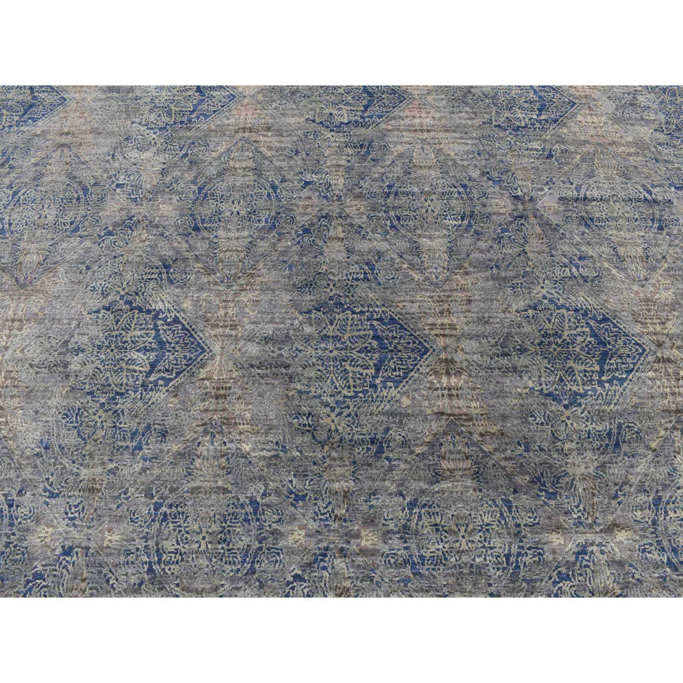 Blue Silk With Wool Erased Rosette Design Hand Knotted Oriental Rug 8'9"x12'