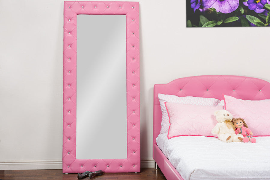 Stella Crystal Tufted Modern Pink Faux Leather Floor Mirror