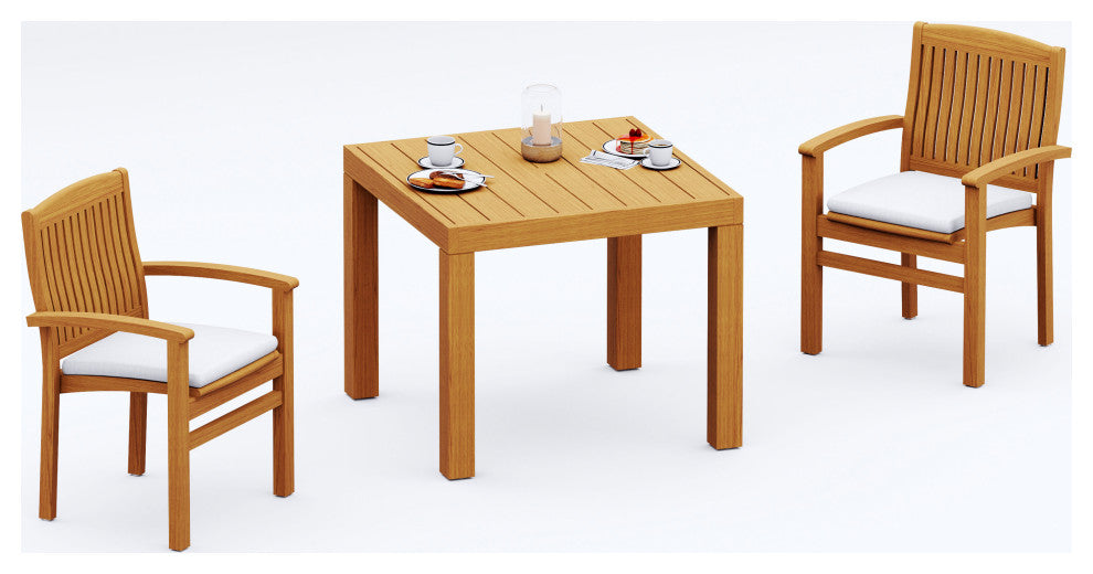 3-Piece Outdoor Teak Dining Set: 36" Square Table, 2 Wave Stacking Arm Chairs