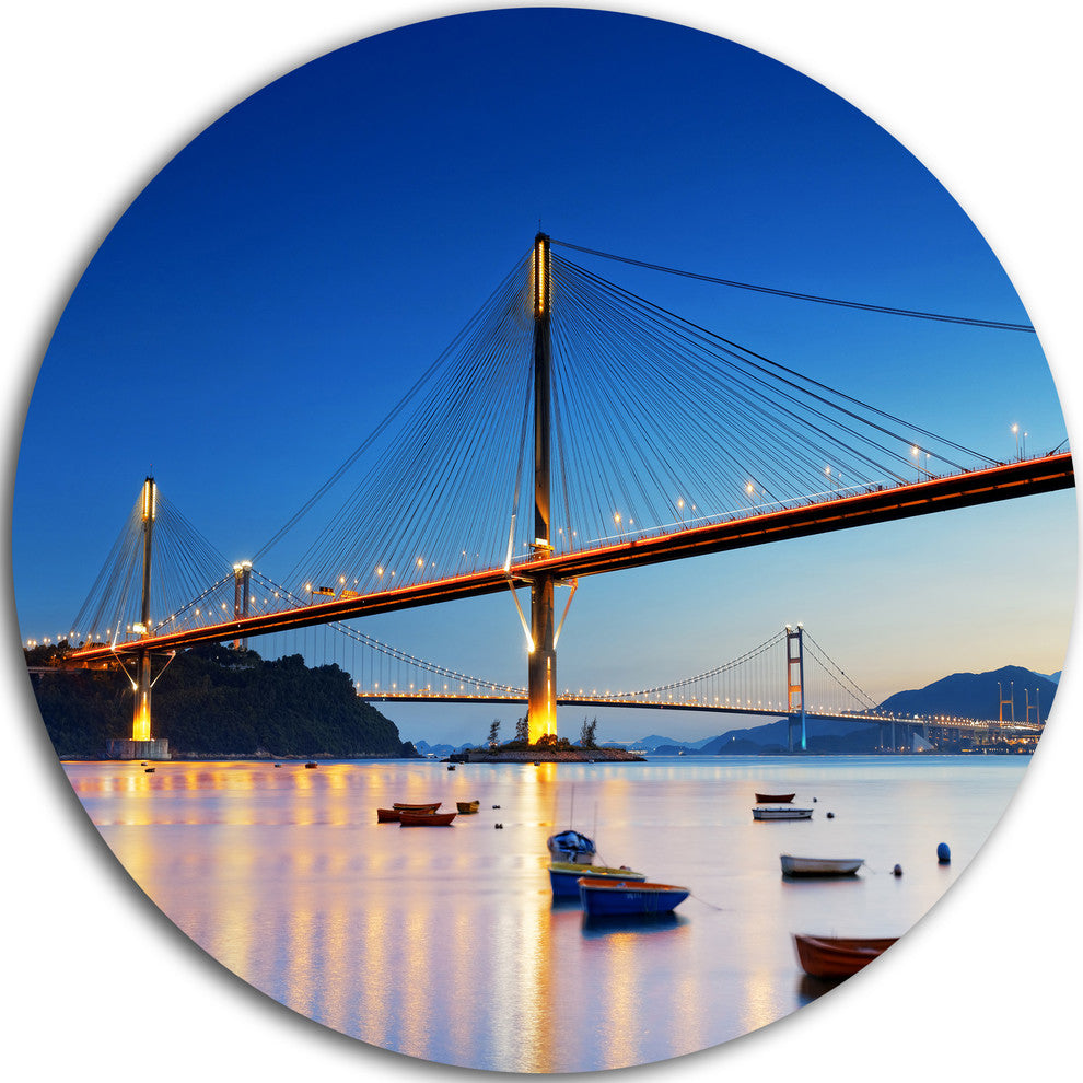 Hong Kong High Bridge At Night, Sea Bridge Disc Metal Wall Art, 23"