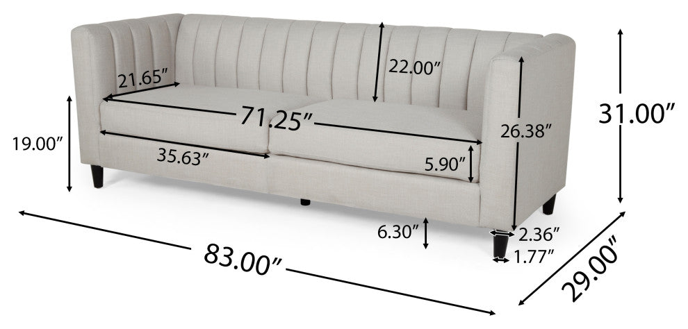 Violet Channel Stitched Fabric 3 Seat Sofa, Beige and Dark Brown