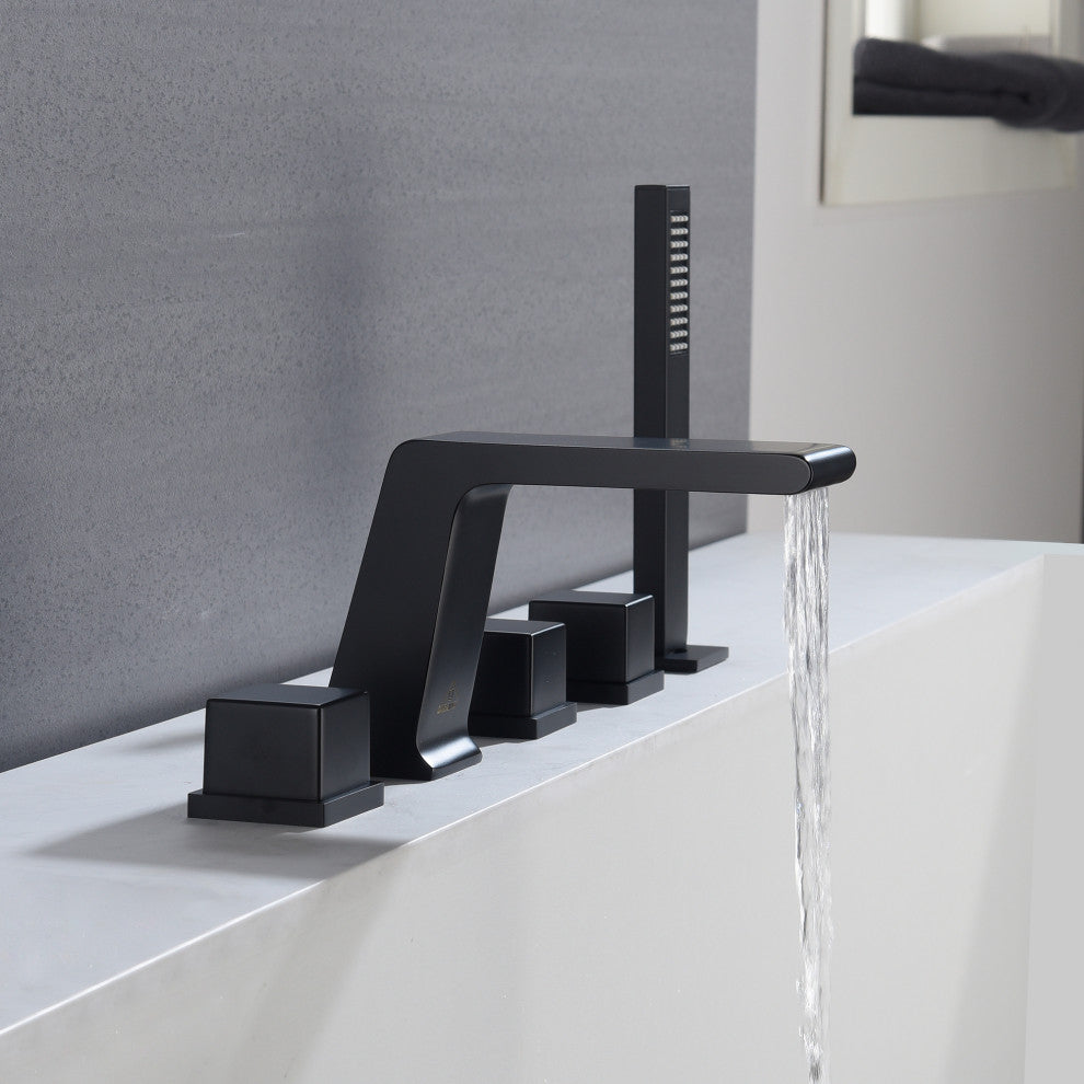 CASAINC Roman 5 Hole Waterfall Faucet Set with Bathtub Handheld Shower Head, Matte Black