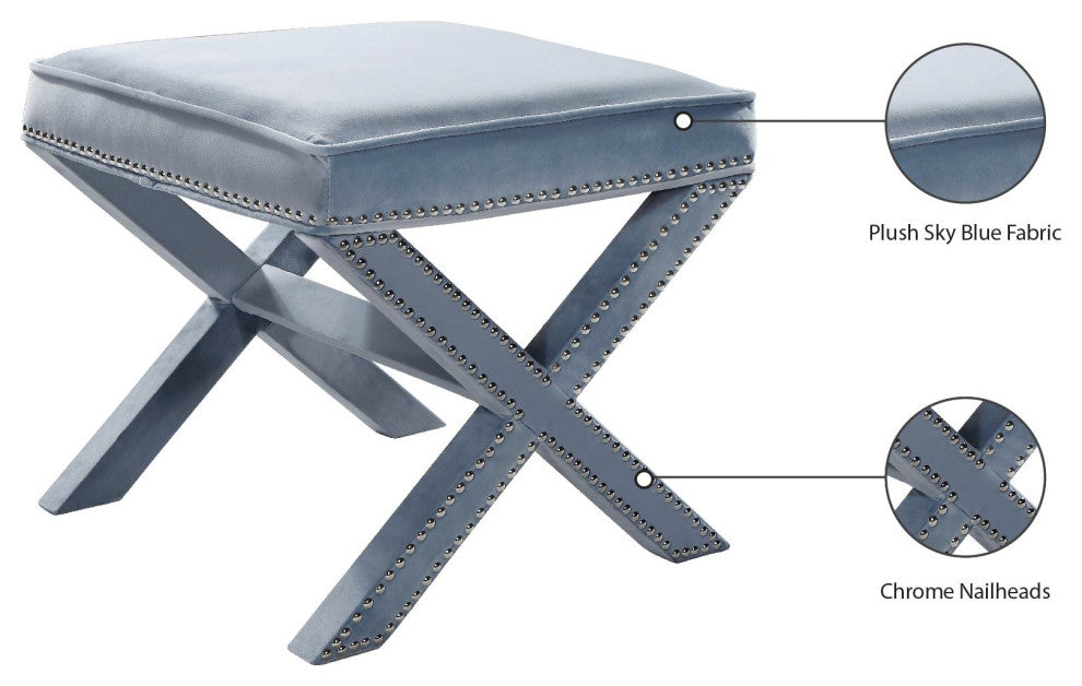 Nixon Velvet Upholstered Ottoman/Bench, Sky Blue