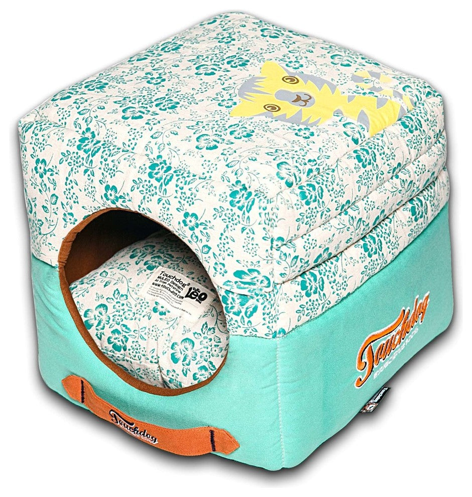 Touchdog Floral-Galore Convertible and Reversible Squared 2-in-1 Dog House Bed