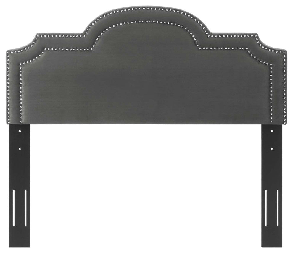 Headboard, Nailhead, Twin Size, Charcoal Gray, Velvet, Modern, Mid Century