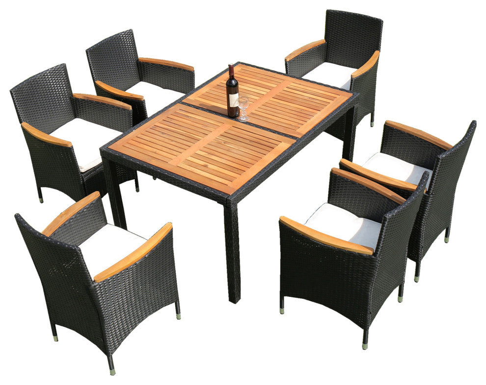 7 Pieces Outdoor Patio Wicker Furniture Dining Table Set With 6 Stools