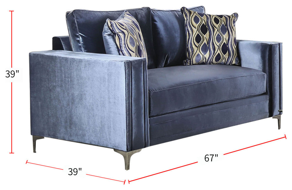 Microfiber And Wooden Love Seat with Bench Style Cushion Design, Satin Blue, L