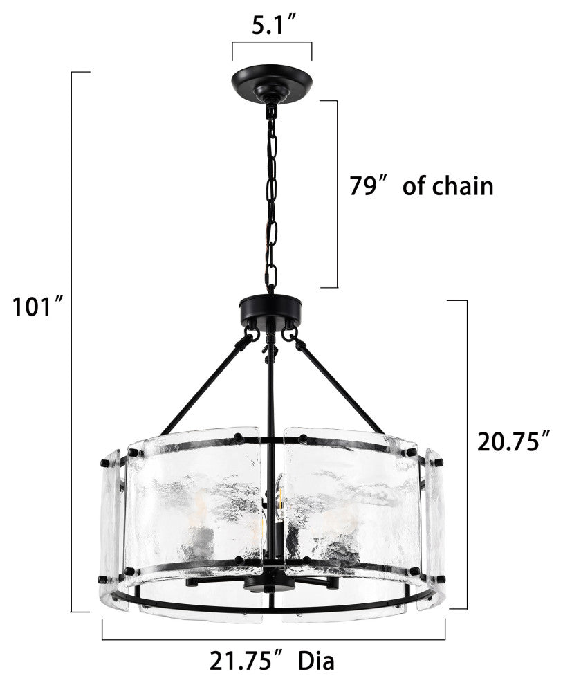 6-Light Matte Black Drum Pendant Design Chandelier With Rippled Glass