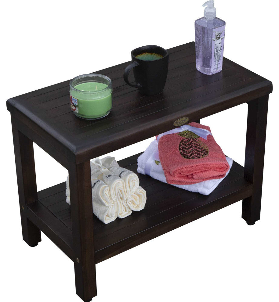 HomeRoots Rectangular Teak Shower Bench With Shelf, Brown Finish