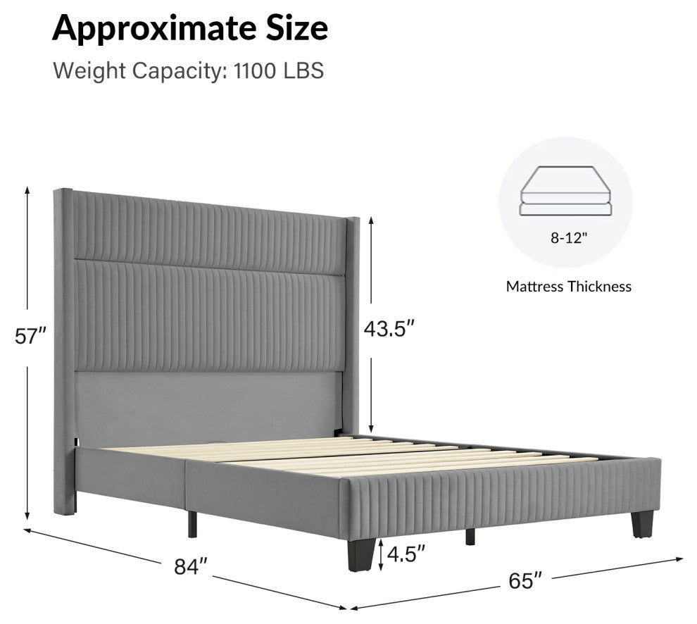 65" Bed With Wingback Design, Light Gray