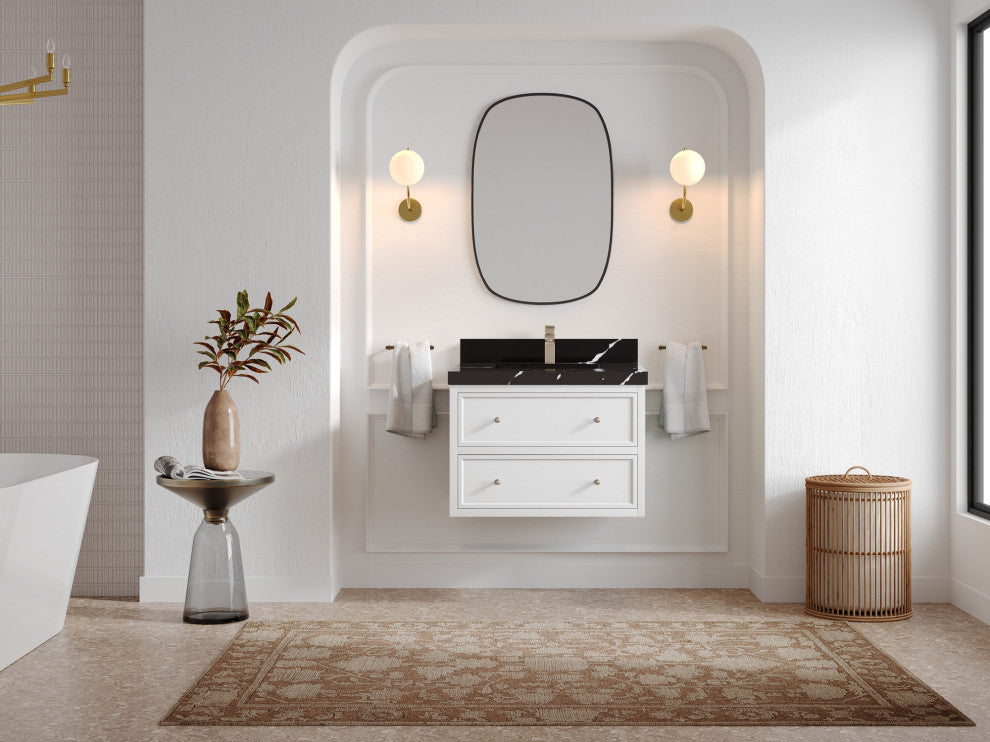 Roswell Floating 30" Single Sink Bath Vanity, White 2" Calacatta Black