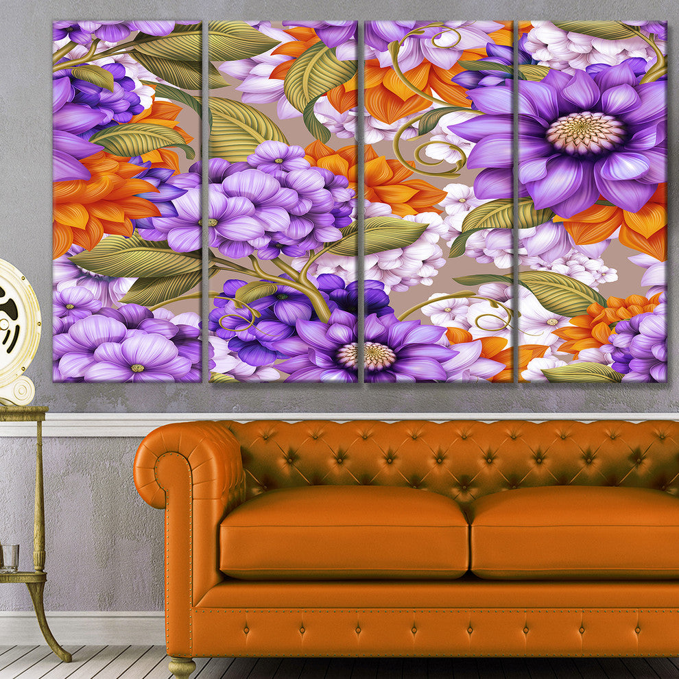 Floral Seamless Pattern, Floral Canvas Art Print, 48"x28", 4 Panels