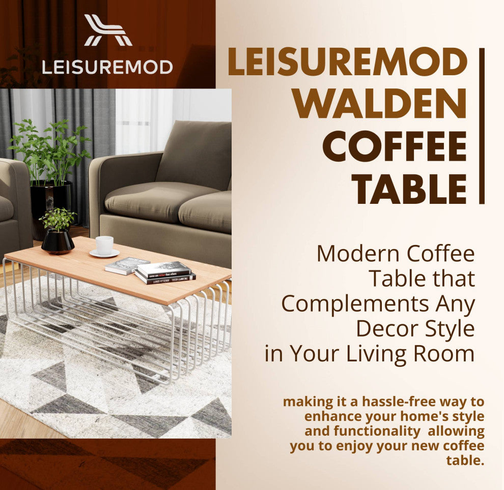 LeisureMod Walden Rectangular Coffee Table Powder Coated Steel Frame, White