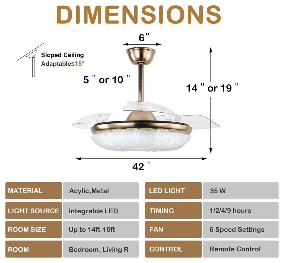 CurveCurio 42" Retractable Ceiling Fan with Matte Gold Finish & LED Lights