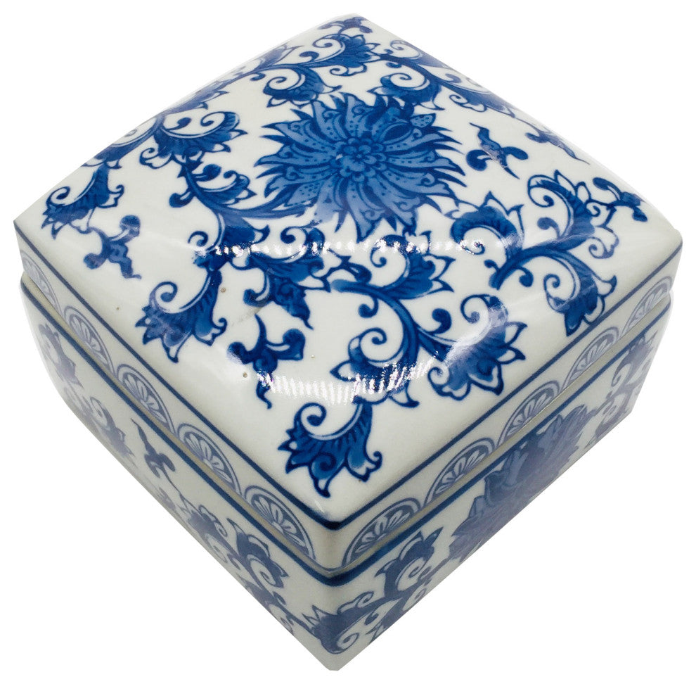 Blue & White Chinoiserie Square Ceramic Box - Lotus
