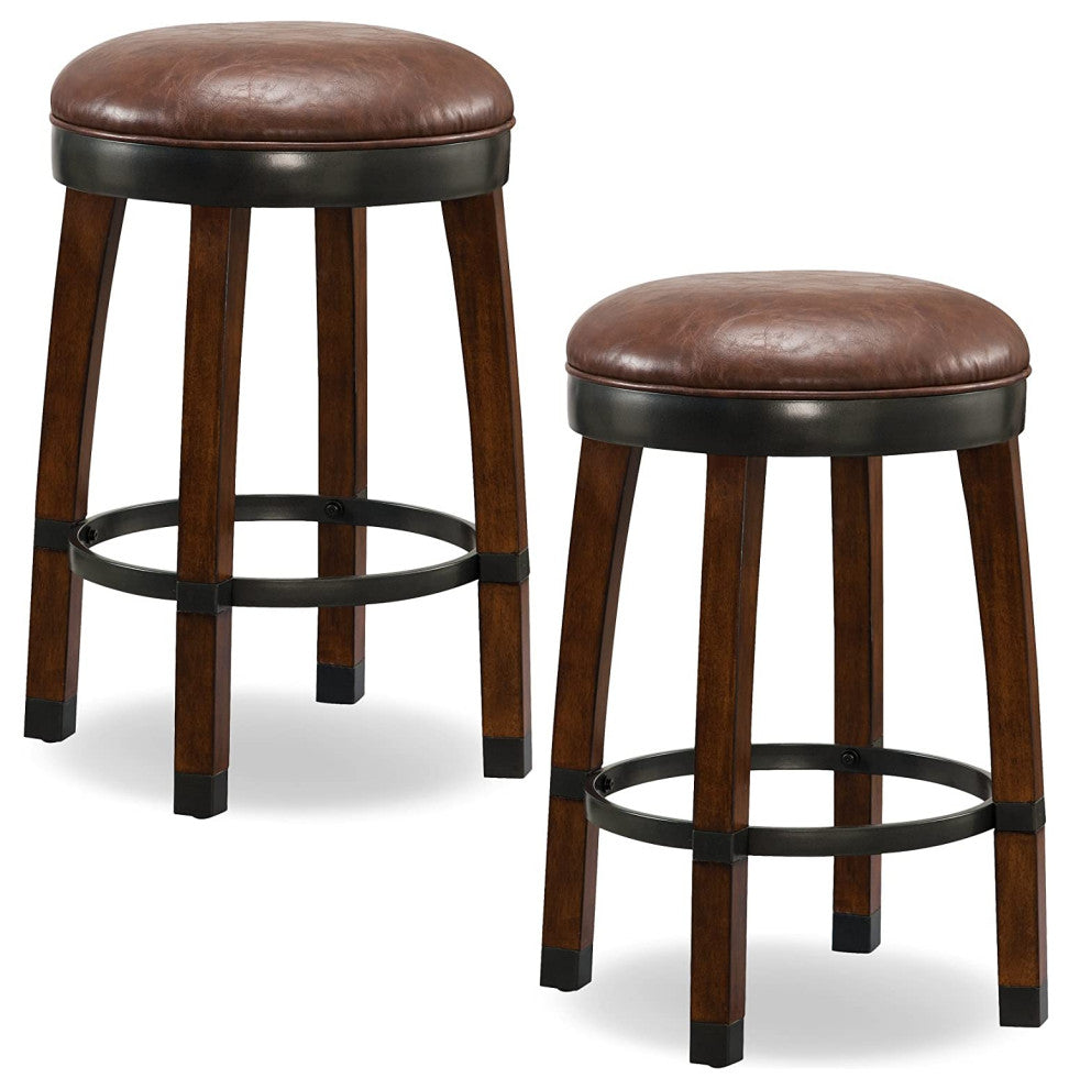 Set of 2 Counter Stool, Backless Design With Faux Leather Seat, Sienna/Sable
