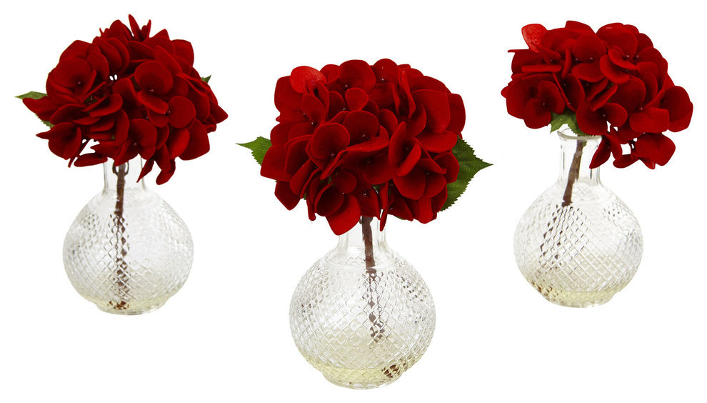 Red Hydrangea With Glass Vase, Set of 3