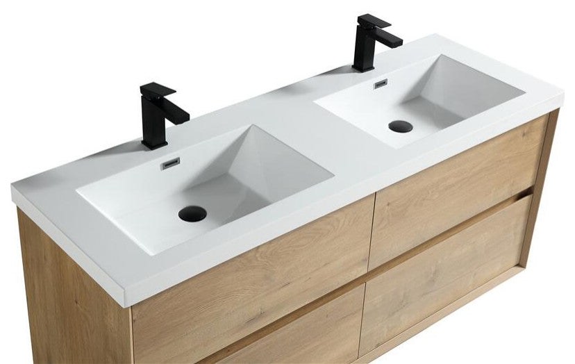 Ashley 60'' Floating Vanity, Acrylic Top, Double Sink, White Oak