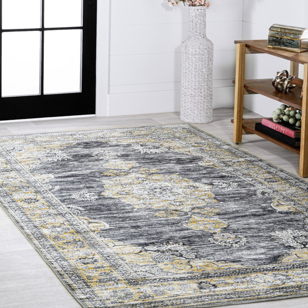Bausch Distressed Chenille Washable Dark Gray/Yellow 4 ft. x 6 ft. Area Rug