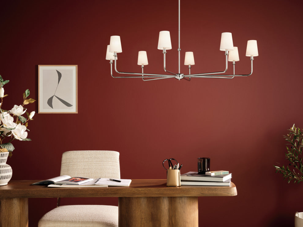 Pallas 52" XL 8-Light Round Chandelier With White Linen Shade, Polished Nickel