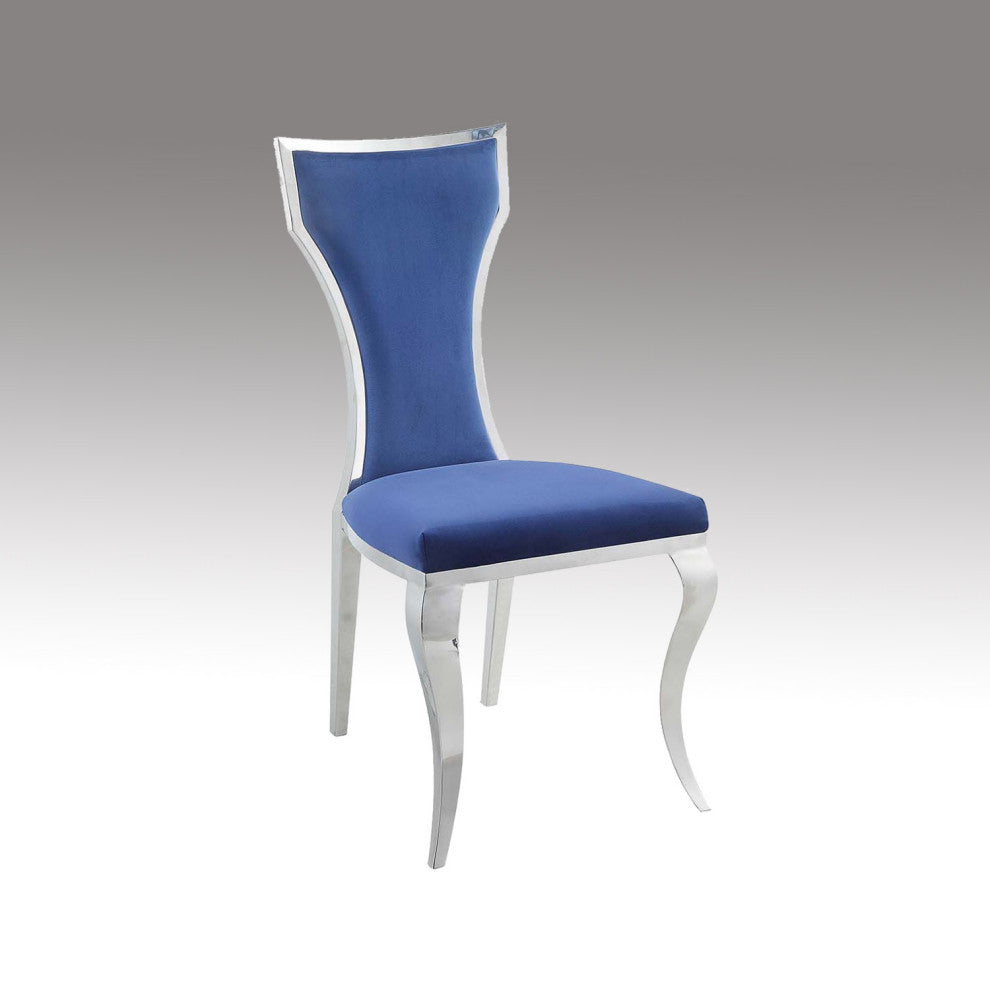 Side Chair, Set of 2, Blue Velvet and Mirroed Silver Finish, Azriel