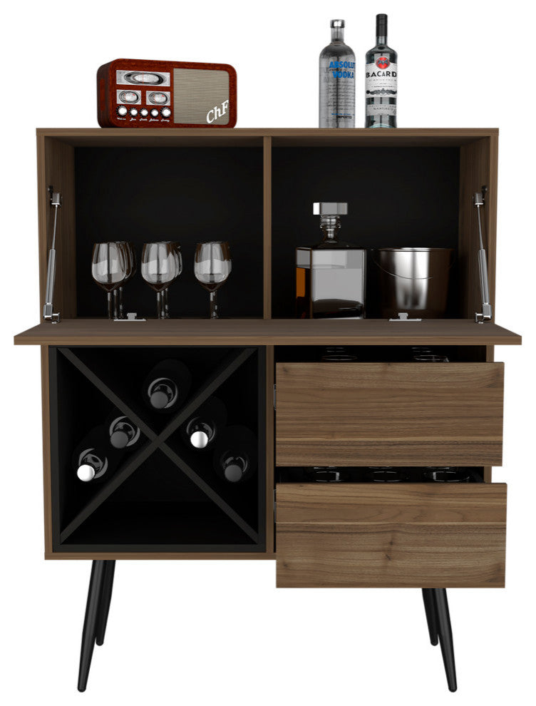Orchid Bar Cabinet with 2 Drawers and 4 Wine Cubbies, Mahogany/Black