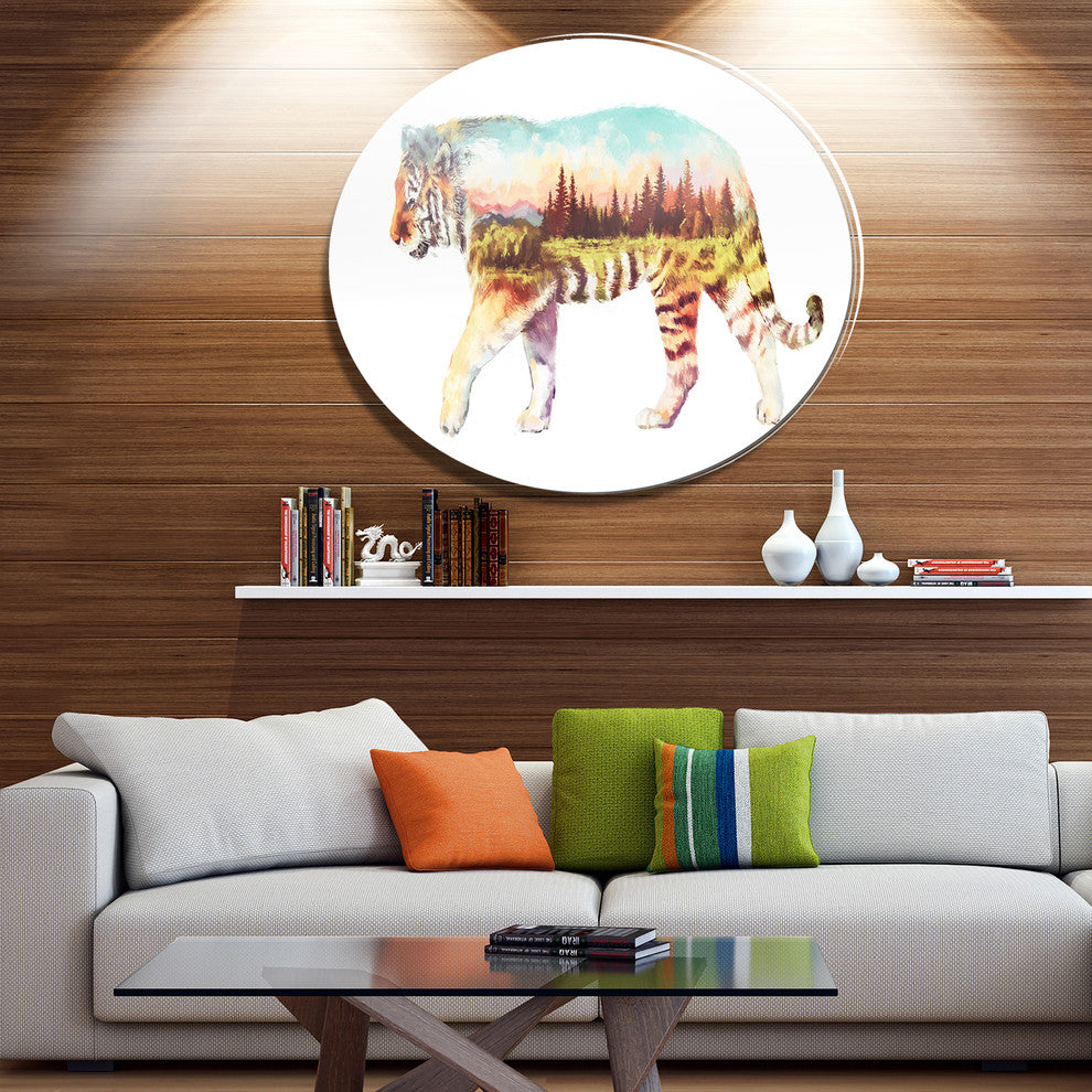 Tiger Double Exposure Illustration, Animal Round Metal Wall Art, 36"